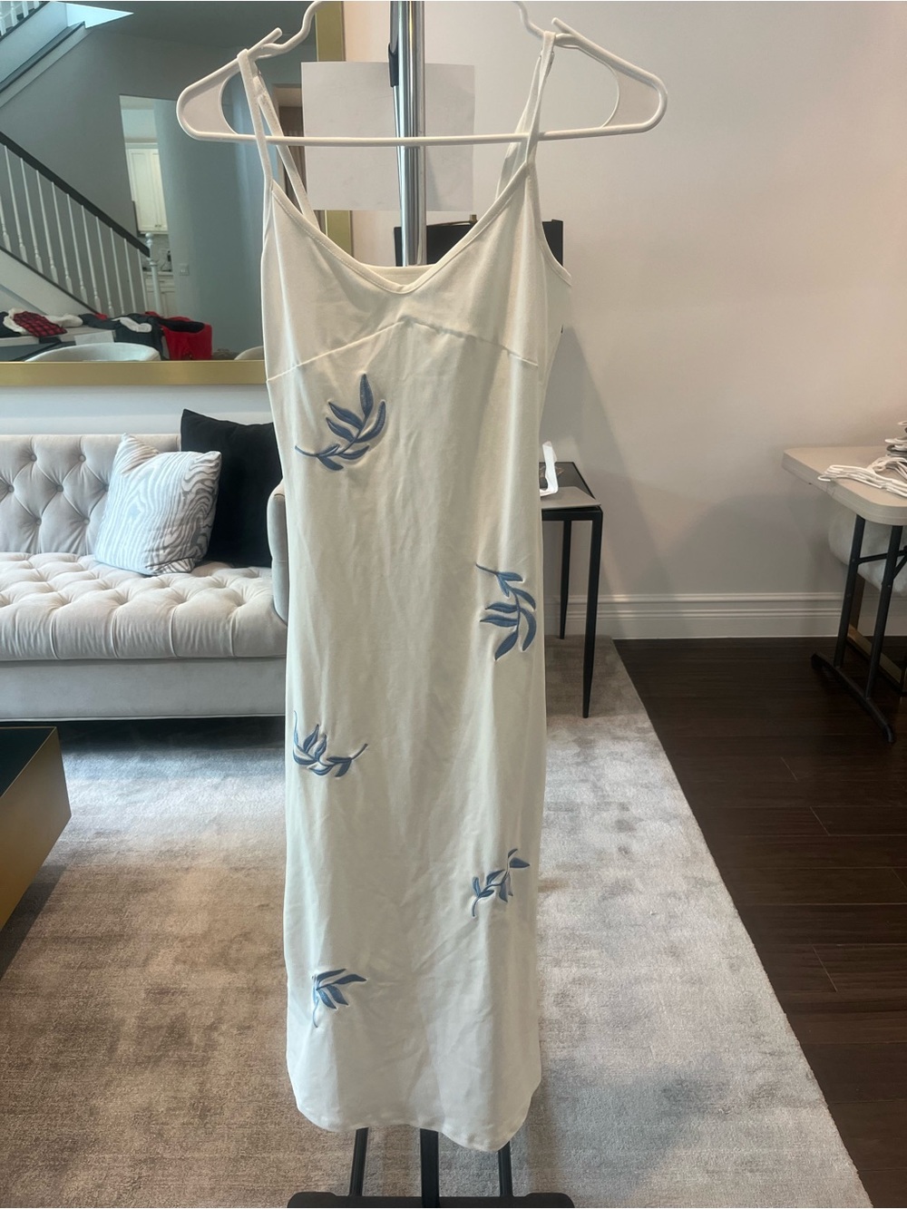 Cream Slip Dress with Blue Leaf Embroidery